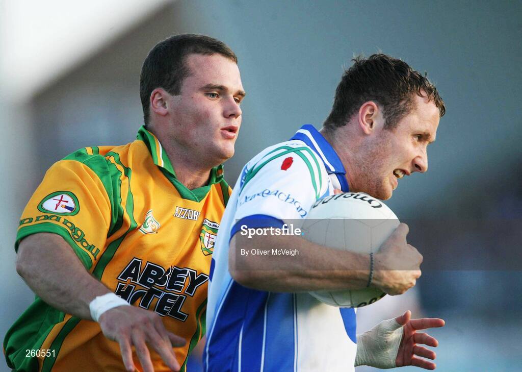 28 July 2007; Vincent Corey, Monaghan, in action against Neil McGee, Donegal. Bank of Ireland All-Ireland Senior Football Championship Qualifier, Round 3, Donegal v Monaghan, Healy Park, Omagh, Co. Tyrone. Picture credit; Oliver McVeigh / SPORTSFILE