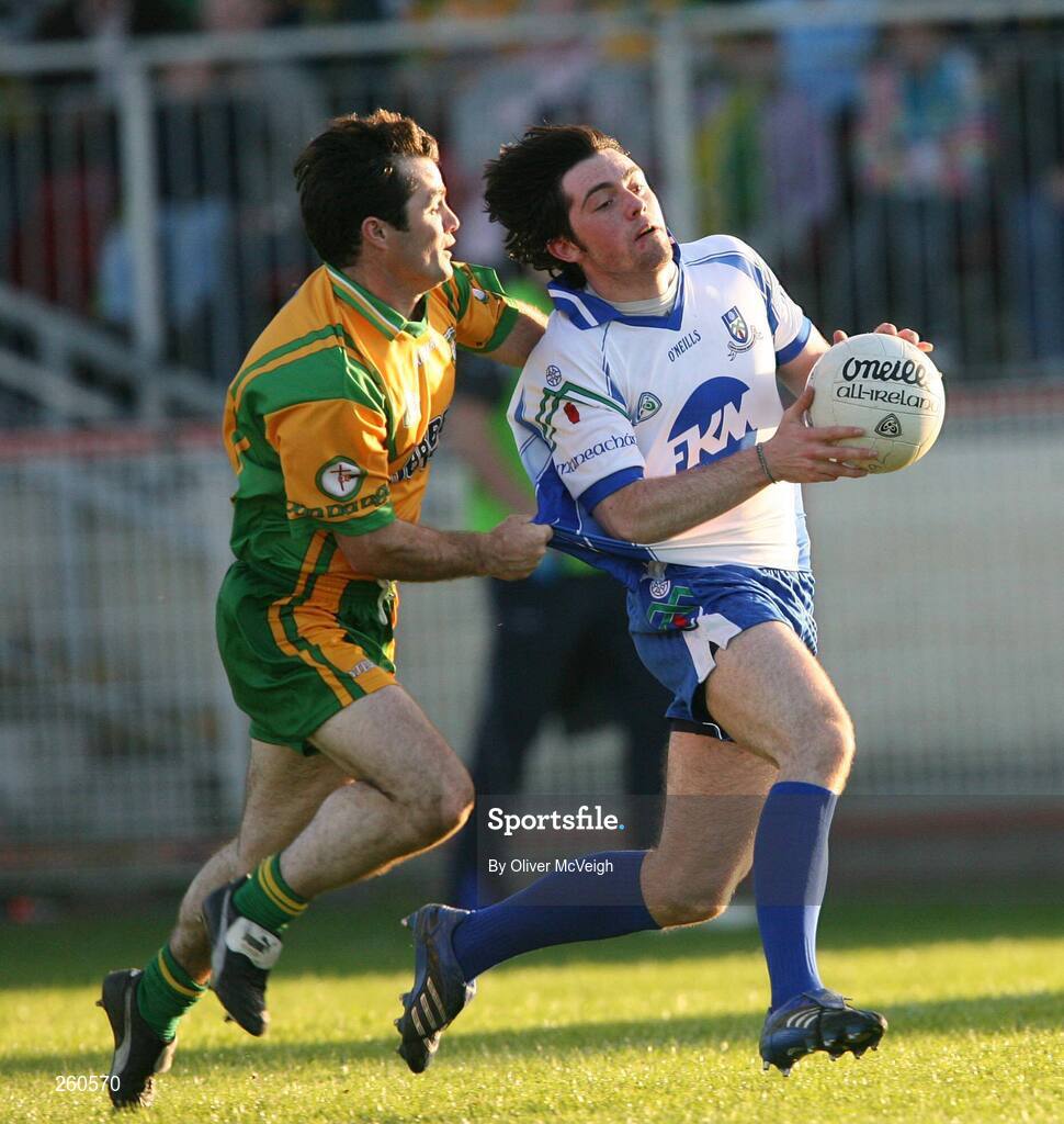 28 July 2007; Ciaran Hanratty, Monaghan, in action against Niall McCready, Donegal . Bank of Ireland All-Ireland Senior Football Championship Qualifier, Round 3, Donegal v Monaghan, Healy Park, Omagh, Co. Tyrone. Picture credit; Oliver McVeigh / SPORTSFILE