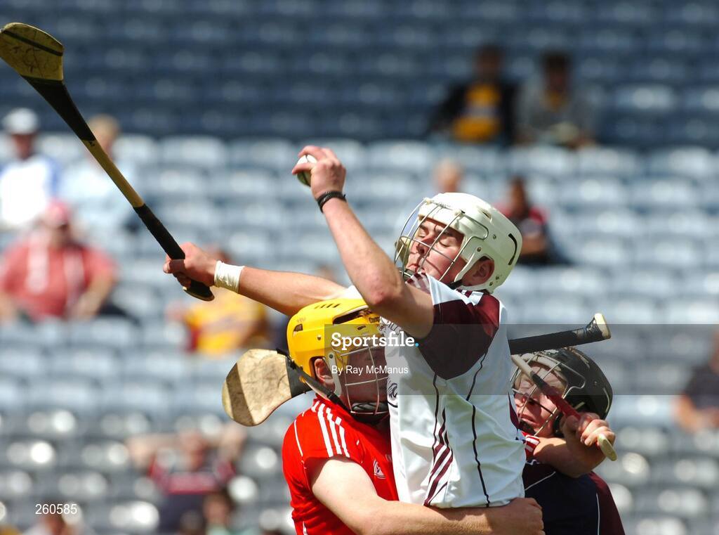 29 July 2007; Kris Finnegan supported by full-back Mark McMahon, Galway, in action against Donagh Stack, Cork. ESB All-Ireland Minor Hurling Championship Quarter-Final, Cork v Galway, Croke Park, Dublin. Picture credit; Ray McManus / SPORTSFILE