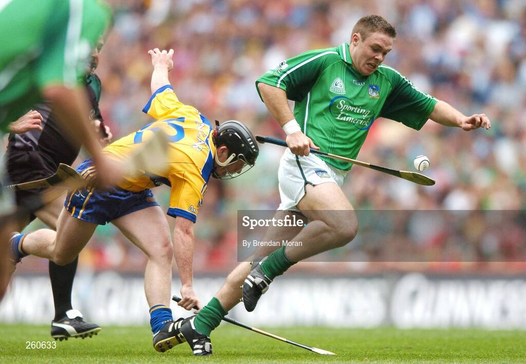 29 July 2007; Michael Fitzgerald, Limerick, in action against Jonathan Clancy, Clare. Guinness All-Ireland Senior Hurling Championship Quarter-Final, Clare v Limerick, Croke Park, Dublin. Picture credit; Brendan Moran / SPORTSFILE