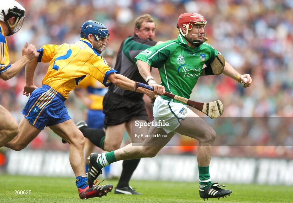 29 July 2007; Andrew O'Shaughnessy, Limerick, in action against Gerry O'Grady, Clare. Guinness All-Ireland Senior Hurling Championship Quarter-Final, Clare v Limerick, Croke Park, Dublin. Picture credit; Brendan Moran / SPORTSFILE