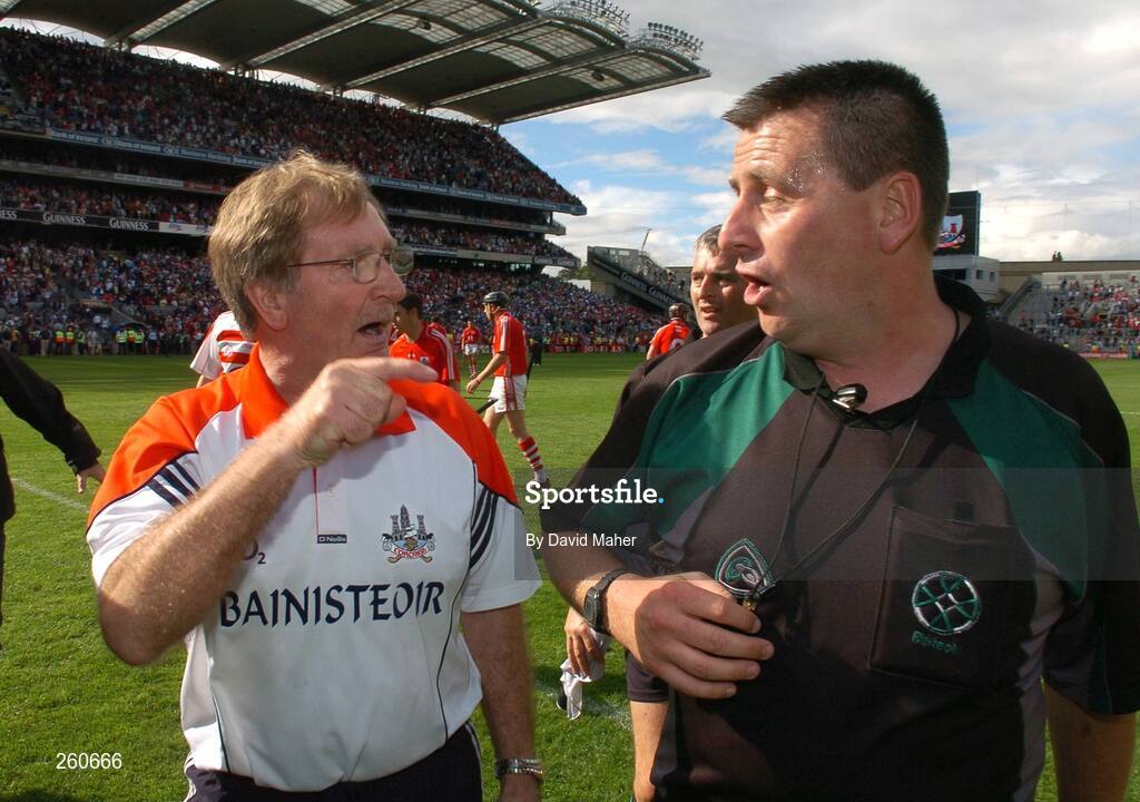 29 July 2007; Cork manager Gerald McCarthy confronts referee Brian Gavin at the end of the game. Guinness All-Ireland Senior Hurling Championship Quarter-Final, Cork v Waterford, Croke Park, Dublin. Picture credit; David Maher / SPORTSFILE