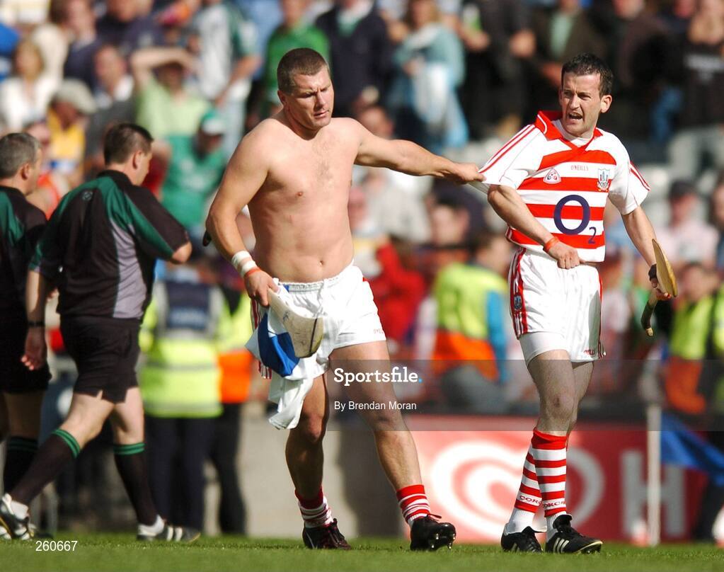 29 July 2007; Cork's Diarmuid O'Sullivan pulls his team-mate Donal Og Cusack away as referee Brian Gavin, left, leaves the pitch after the game. Guinness All-Ireland Senior Hurling Championship Quarter-Final, Cork v Waterford, Croke Park, Dublin. Picture credit; Brendan Moran / SPORTSFILE