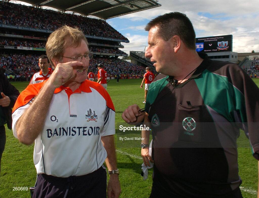 29 July 2007; Cork manager Gerald McCarthy confronts referee Brian Gavin at the end of the game. Guinness All-Ireland Senior Hurling Championship Quarter-Final, Cork v Waterford, Croke Park, Dublin. Picture credit; David Maher / SPORTSFILE
