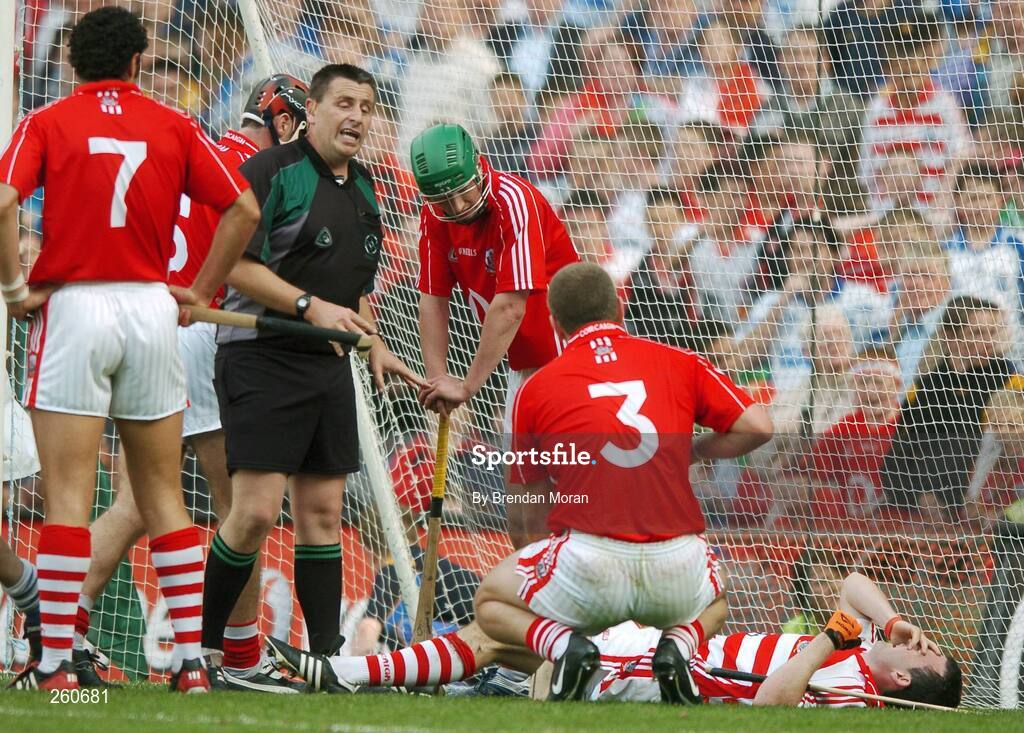 29 July 2007; Cork goalkeeper Donal Og Cusack lies on the ground surrounded by team-mates Sean Og O hAilpin, Shane O'Neill, and Diarmuid O'Sullvan and referee Brian Gavin, who awarded Waterford a free in which they converted to level the game in injury time. Guinness All-Ireland Senior Hurling Championship Quarter-Final, Cork v Waterford, Croke Park, Dublin. Picture credit; Brendan Moran / SPORTSFILE