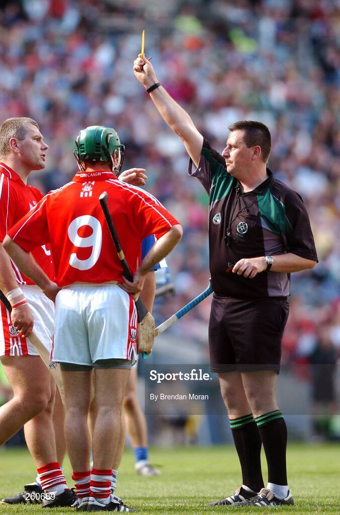 29 July 2007; Referee Brian Gavin issues Cork's Diarmuid O'Sullivan with a yellow card. Guinness All-Ireland Senior Hurling Championship Quarter-Final, Cork v Waterford, Croke Park, Dublin. Picture credit; Stephen McCarthy / SPORTSFILE