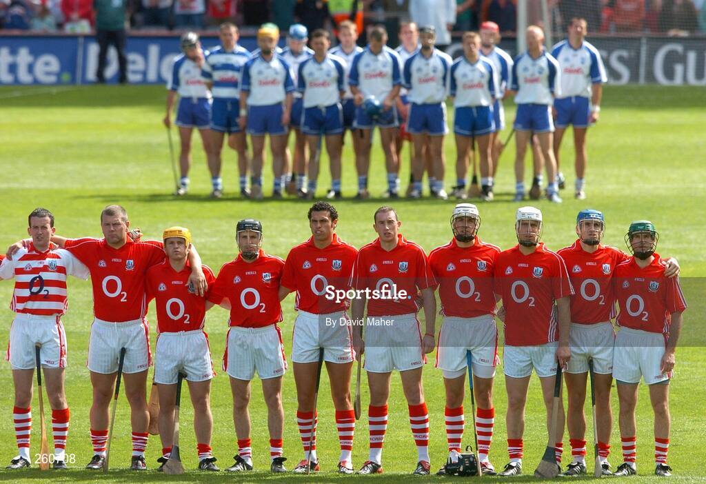 29 July 2007; The Cork and Waterford teams stand together during the playing of the National Anthem. Guinness All-Ireland Senior Hurling Championship Quarter-Final, Cork v Waterford, Croke Park, Dublin. Picture credit; David Maher / SPORTSFILE