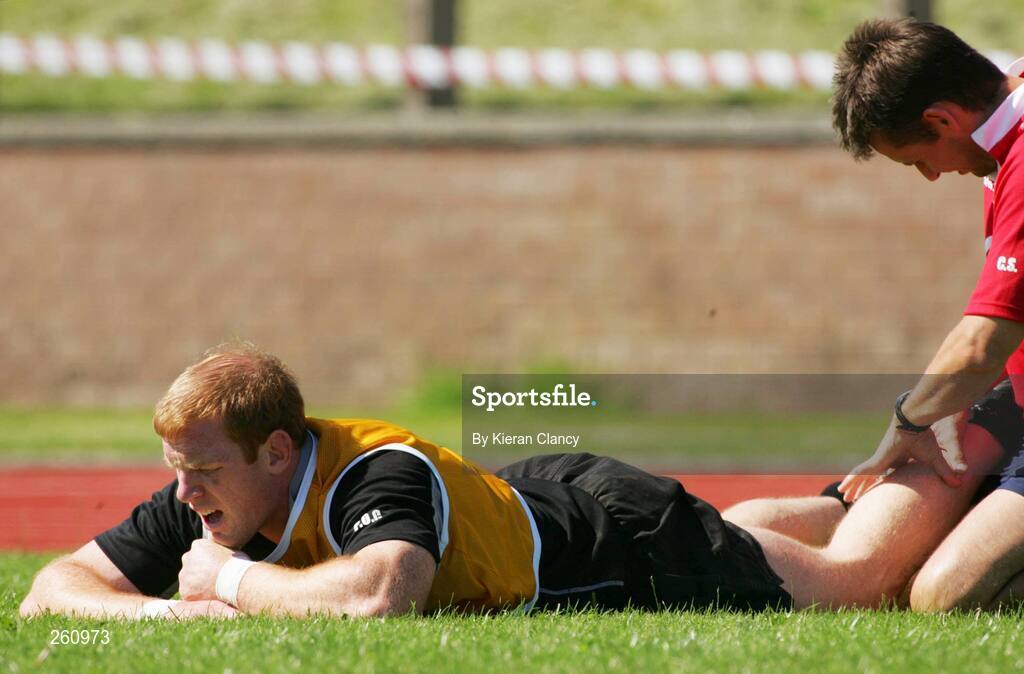 31 July 2007; Ireland's Paul O'Connell receives attention from physiotherapist Cameron Steele during squad training. Ireland Rugby Squad Training, University of Limerick, Limerick. Picture credit: Kieran Clancy / SPORTSFILE