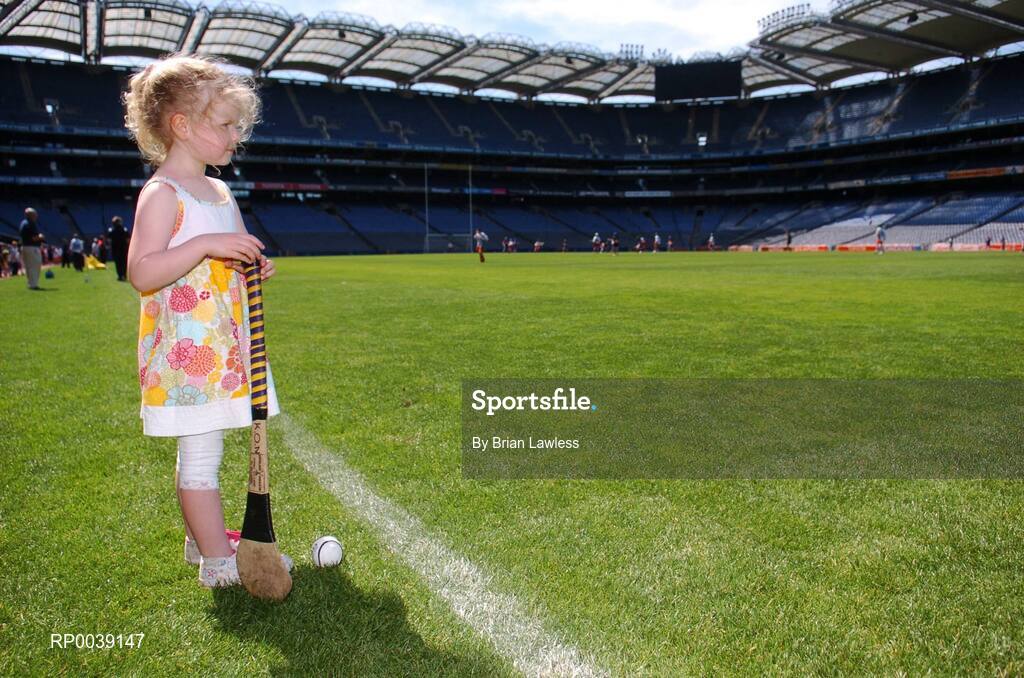 31 July 2007; Croke Park became a theatre of dreams today as over 250 young Camogie stars of the future enjoyed a first experience of playing on the hallowed turf. U-14 players on the Coillte Development Squads from Clare, Derry, Kerry, Laois, Louth, Monaghan, Tipperary and Westmeath were granted the rare opportunity to hone their skills at headquarters as part of the Camogie Association’s national programme to develop the sport at juvenile level. The partnership with Coillte, supported by the Irish Sports Council, enables top level coaching and encouragement for young girls throughout the eight designated counties. At the tournament is Sara Carroll, age 4, from Naas, watching on during a match. 2007 Coillte U14 Camogie Development Squads tournament, Croke Park, Dublin. Picture credit: Brian Lawless / SPORTSFILE