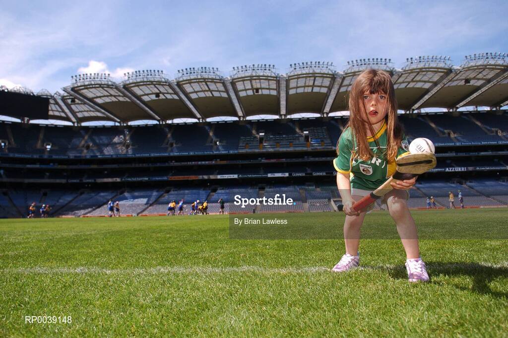 31 July 2007; Croke Park became a theatre of dreams today as over 250 young Camogie stars of the future enjoyed a first experience of playing on the hallowed turf. U-14 players on the Coillte Development Squads from Clare, Derry, Kerry, Laois, Louth, Monaghan, Tipperary and Westmeath were granted the rare opportunity to hone their skills at headquarters as part of the Camogie Association’s national programme to develop the sport at juvenile level. The partnership with Coillte, supported by the Irish Sports Council, enables top level coaching and encouragement for young girls throughout the eight designated counties. At the tournament is Caoimhe Spillane, age 5, from Abbeydorney, practicing her skills. 2007 Coillte U14 Camogie Development Squads tournament, Croke Park, Dublin. Picture credit: Brian Lawless / SPORTSFILE