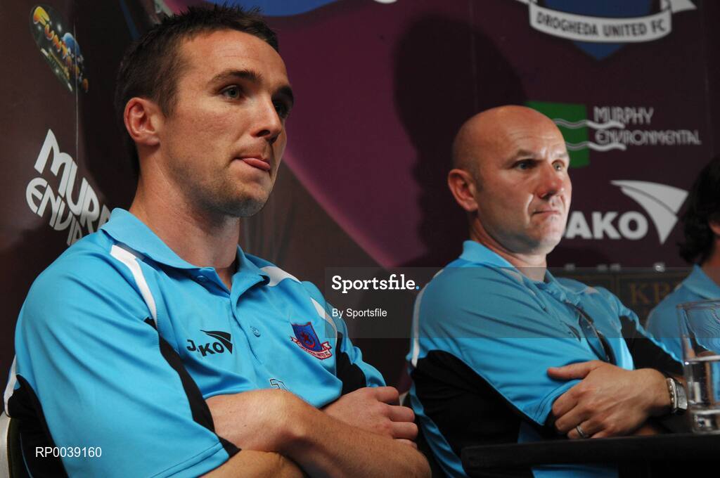 31 July 2007; Drogheda United's Brian Shelley, left, and manager Paul Doolin at a press conference ahead of their UEFA Cup second leg match against Libertas of San Marino on Thursday. Clarion Hotel Dublin Airport, Dublin Airport, Dublin. Photo by Sportsfile