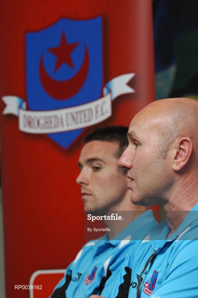 31 July 2007; Drogheda United  manager Paul Doolin speaking with Brian Shelley in background at a press conference ahead of their UEFA Cup second leg match against Libertas of San Marino on Thursday. Clarion Hotel Dublin Airport, Dublin Airport, Dublin. Photo by Sportsfile