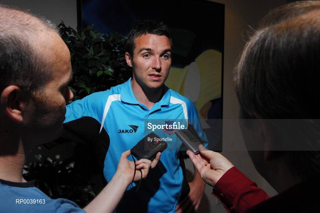 31 July 2007; Drogheda United's Brian Shelley speaking to journalists after a press conference ahead of their UEFA Cup second leg match against Libertas of San Marino on Thursday. Clarion Hotel Dublin Airport, Dublin Airport, Dublin. Photo by Sportsfile
