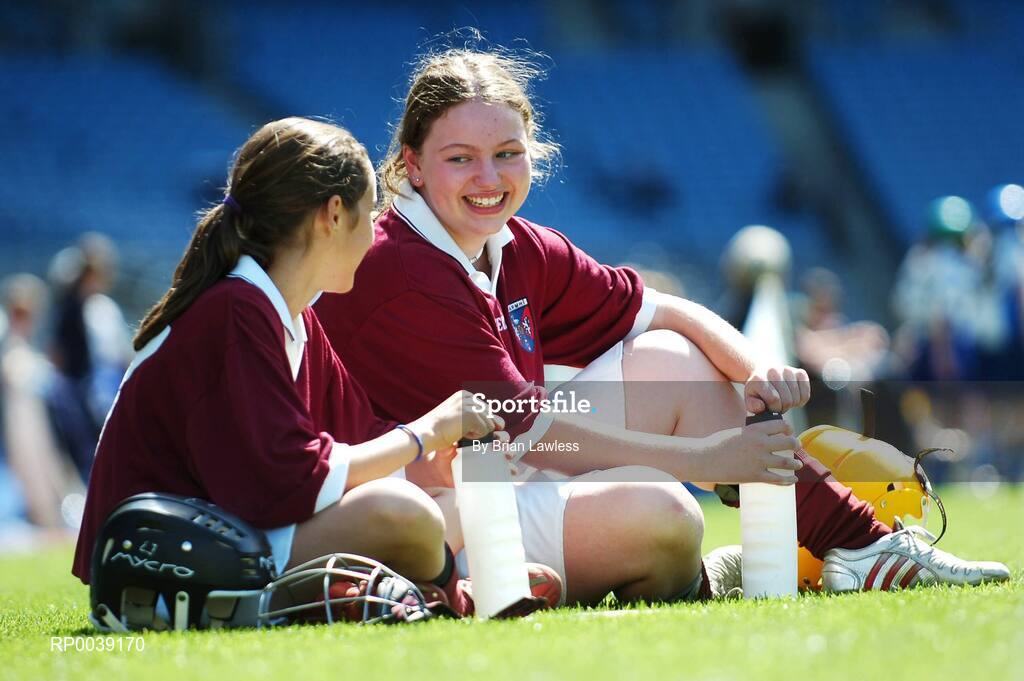 31 July 2007; Croke Park became a theatre of dreams today as over 250 young Camogie stars of the future enjoyed a first experience of playing on the hallowed turf.  U-14 players on the Coillte Development Squads from Clare, Derry, Kerry, Laois, Louth, Monaghan, Tipperary and Westmeath were granted the rare opportunity to hone their skills at headquarters as part of the Camogie Association’s national programme to develop the sport at juvenile level. The partnership with Coillte, supported by the Irish Sports Council, enables top level coaching and encouragement for young girls throughout the eight designated counties. At the tournament is Emma Flynn, left, and Nicola Gogarty, from Castletown, Westmeath, during a break in play. 2007 Coillte U14 Camogie Development Squads tournament, Croke Park, Dublin. Picture credit: Brian Lawless / SPORTSFILE