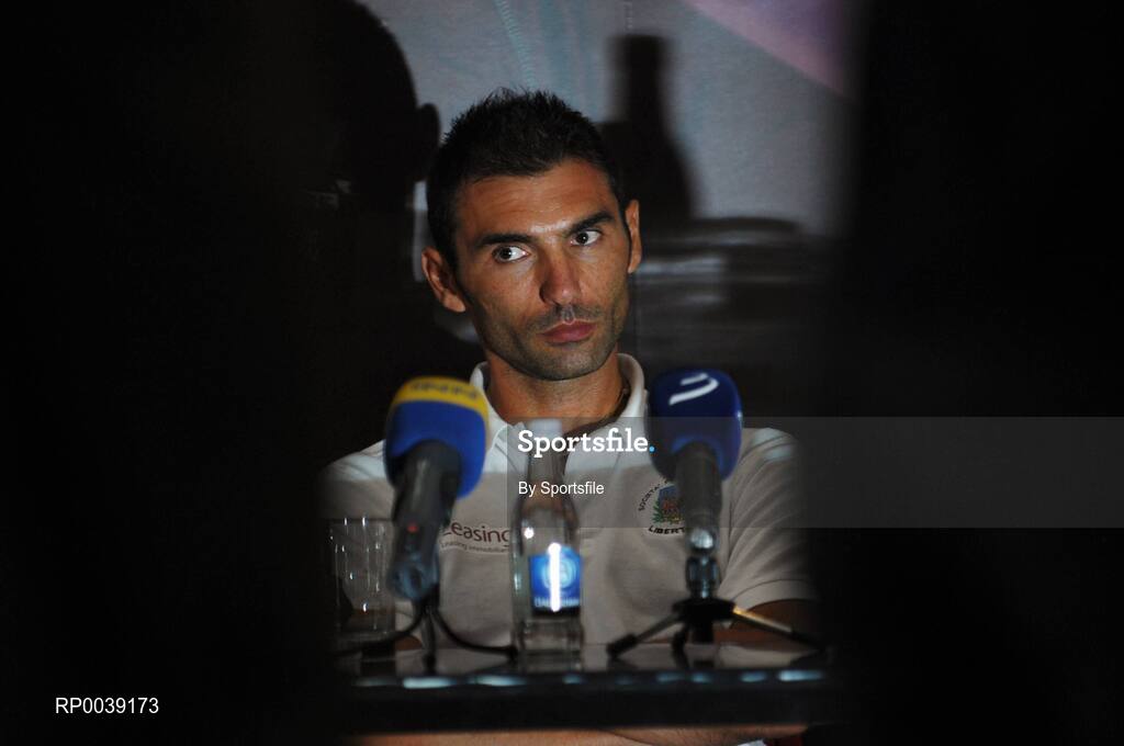 31 July 2007; Libertas coach Pier Angelo Manzaroli speaking at a press conference ahead of their UEFA Cup second leg match against Drogheda United on Thursday. Clarion Hotel Dublin Airport, Dublin Airport, Dublin. Photo by Sportsfile