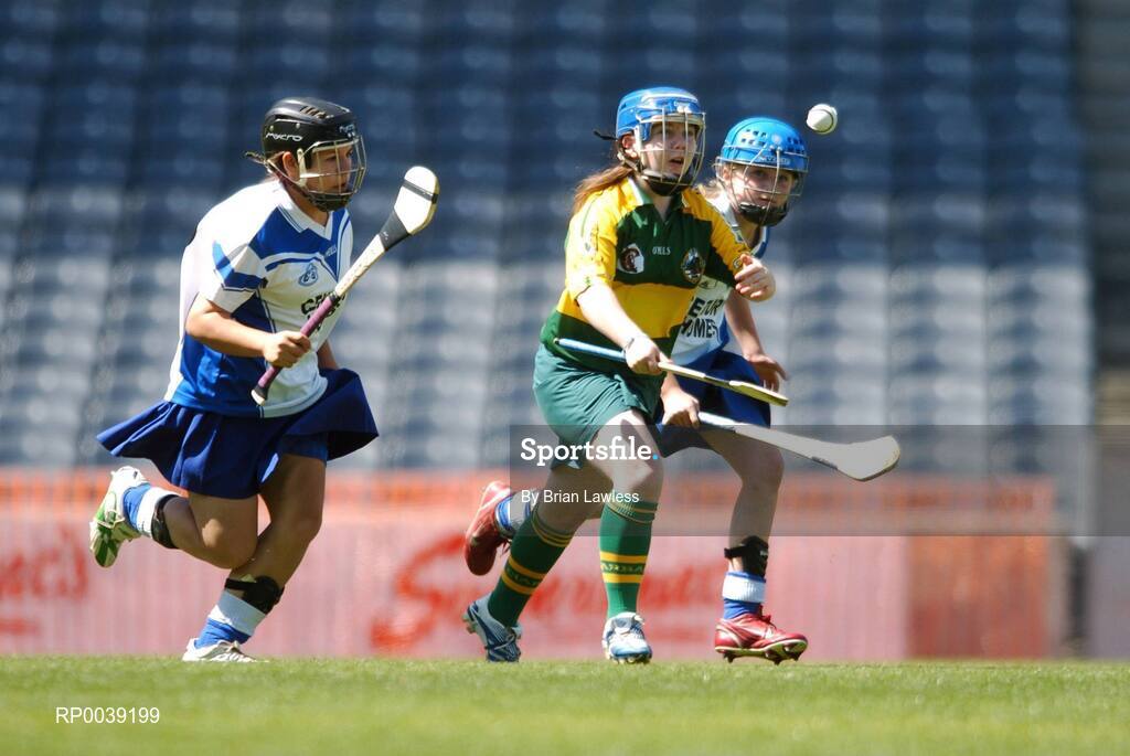 31 July 2007; Croke Park became a theatre of dreams today as over 250 young Camogie stars of the future enjoyed a first experience of playing on the hallowed turf. U-14 players on the Coillte Development Squads from Clare, Derry, Kerry, Laois, Louth, Monaghan, Tipperary and Westmeath were granted the rare opportunity to hone their skills at headquarters as part of the Camogie Association’s national programme to develop the sport at juvenile level. The partnership with Coillte, supported by the Irish Sports Council, enables top level coaching and encouragement for young girls throughout the eight designated counties. At the tournament is Marliza O'Dwyer, Kerry, in action against Monaghan. 2007 Coillte U14 Camogie Development Squads tournament, Croke Park, Dublin. Picture credit: Brian Lawless / SPORTSFILE
