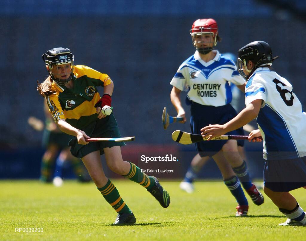 31 July 2007; Croke Park became a theatre of dreams today as over 250 young Camogie stars of the future enjoyed a first experience of playing on the hallowed turf.  U-14 players on the Coillte Development Squads from Clare, Derry, Kerry, Laois, Louth, Monaghan, Tipperary and Westmeath were granted the rare opportunity to hone their skills at headquarters as part of the Camogie Association’s national programme to develop the sport at juvenile level. The partnership with Coillte, supported by the Irish Sports Council, enables top level coaching and encouragement for young girls throughout the eight designated counties. At the tournament is Marie Quirke, Kerry, in action against Rebecca McNee, Monaghan. 2007 Coillte U14 Camogie Development Squads tournament, Croke Park, Dublin. Picture credit: Brian Lawless / SPORTSFILE