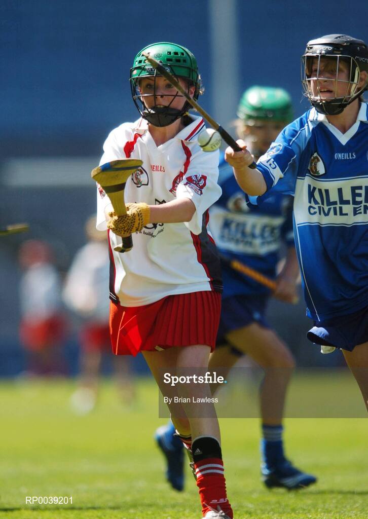 31 July 2007; Croke Park became a theatre of dreams today as over 250 young Camogie stars of the future enjoyed a first experience of playing on the hallowed turf. U-14 players on the Coillte Development Squads from Clare, Derry, Kerry, Laois, Louth, Monaghan, Tipperary and Westmeath were granted the rare opportunity to hone their skills at headquarters as part of the Camogie Association’s national programme to develop the sport at juvenile level. The partnership with Coillte, supported by the Irish Sports Council, enables top level coaching and encouragement for young girls throughout the eight designated counties. At the tournament is Racheal Archibald, Derry, and Denise Delaney, Laois. 2007 Coillte U14 Camogie Development Squads tournament, Croke Park, Dublin. Picture credit: Brian Lawless / SPORTSFILE