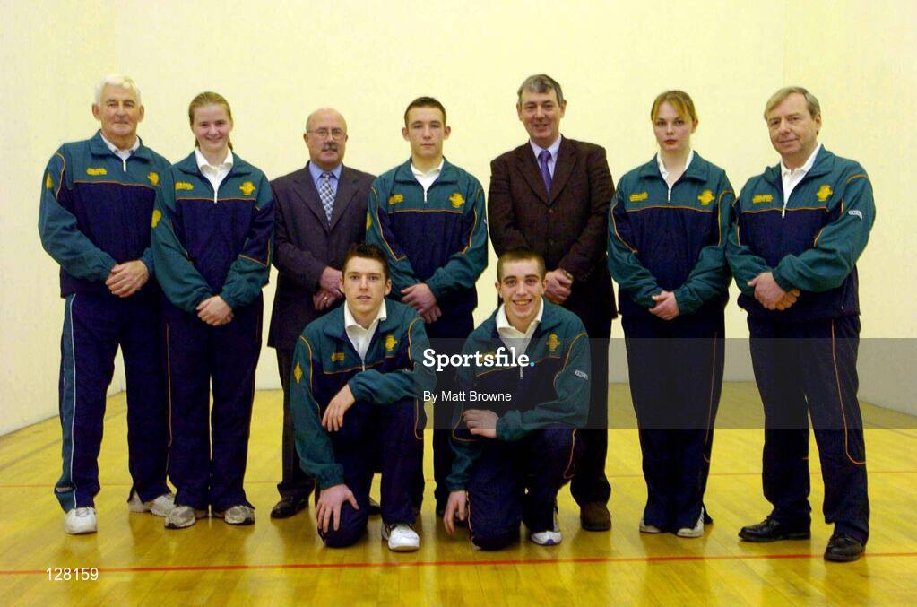 13 December 2003; The Irish junior handball team who will compete in the USHA Junior Handball Championships, Modesto, California, USA, are from left, Jimmy King, National Team Coach, Ashling Reilly, Antrim, Tony Carroll, O'Neills Sales Direct Manager, Richard Hogan, Kilkenny, Tony Hayes, President of the Handball Association, Maria Daly, Kerry, Sean McEntee, Team Coach, front left, Noel McHugh, Galway and Robart McCarthy, Westmeath. Picture credit; Matt Browne / SPORTSFILE