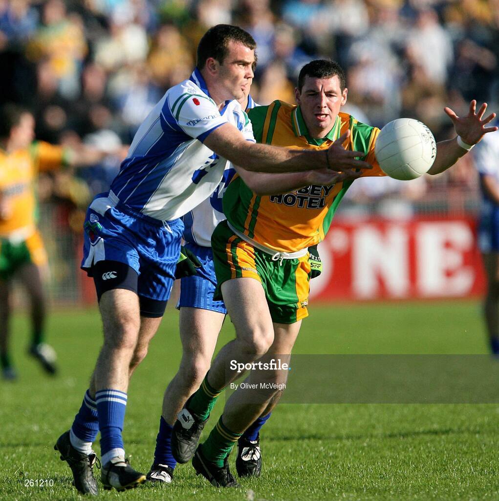 28 July 2007; John Paul Mone, Monaghan, in action against Ciaran Bonner, Donegal. Bank of Ireland All-Ireland Senior Football Championship Qualifier, Round 3, Donegal v Monaghan, Healy Park, Omagh, Co. Tyrone. Picture credit; Oliver McVeigh / SPORTSFILE