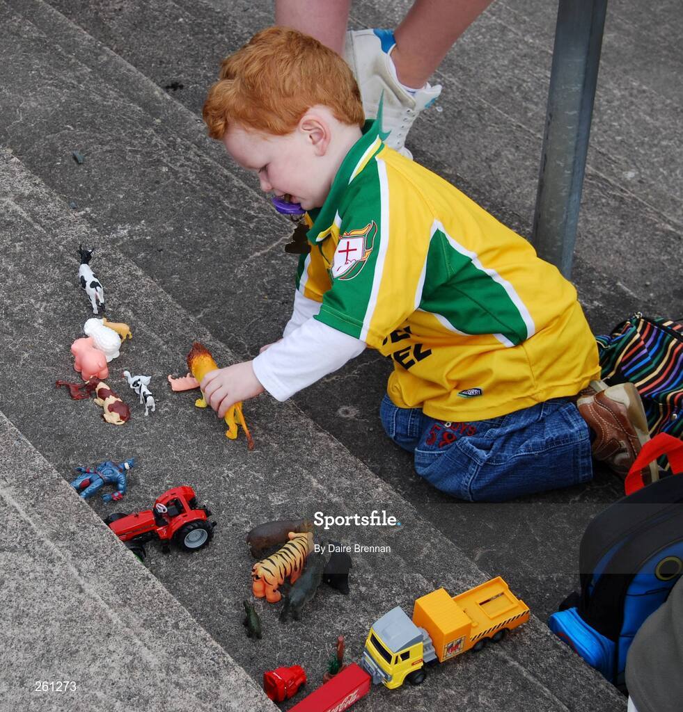 28 July 2007; Donegal supporter Padraig Monaghan, aged 3, from Laghey, Co.Donegal, plays with his toys before the game. Bank of Ireland All-Ireland Senior Football Championship Qualifier, Round 3, Donegal v Monaghan, Healy Park, Omagh, Co. Tyrone. Picture credit; Daire Brennan / SPORTSFILE