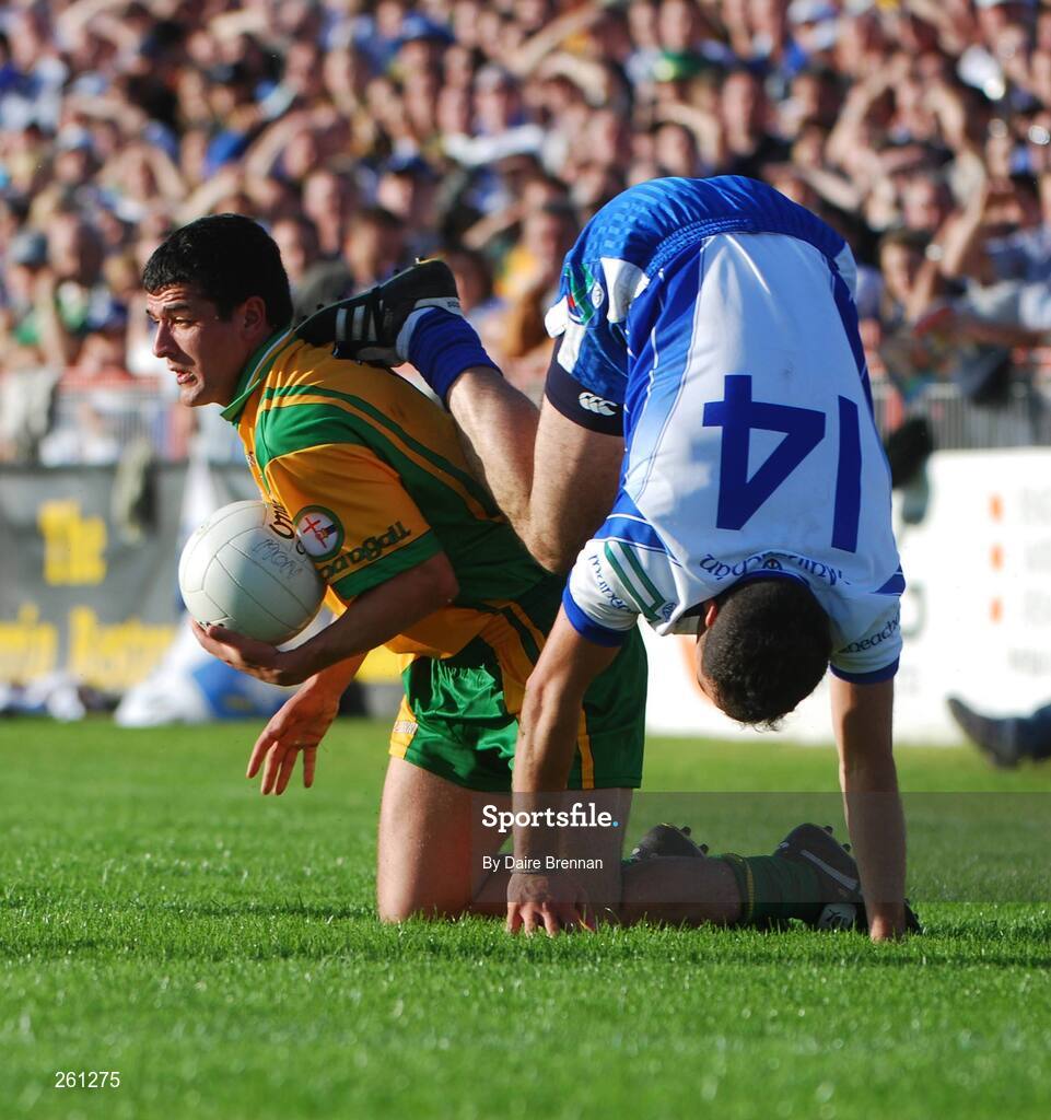 28 July 2007; Frank McGlynn, Donegal, in action against Paul Finlay, Monaghan. Bank of Ireland All-Ireland Senior Football Championship Qualifier, Round 3, Donegal v Monaghan, Healy Park, Omagh, Co. Tyrone. Picture credit; Daire Brennan / SPORTSFILE