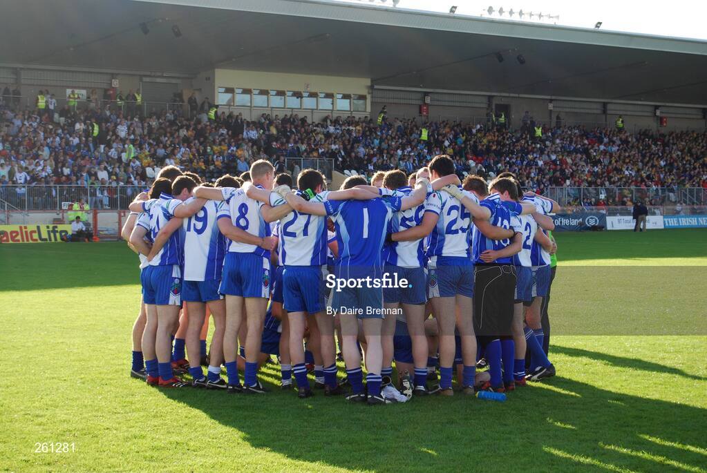 28 July 2007; The Monaghan team in a huddle before the match. Bank of Ireland All-Ireland Senior Football Championship Qualifier, Round 3, Donegal v Monaghan, Healy Park, Omagh, Co. Tyrone. Picture credit; Daire Brennan / SPORTSFILE