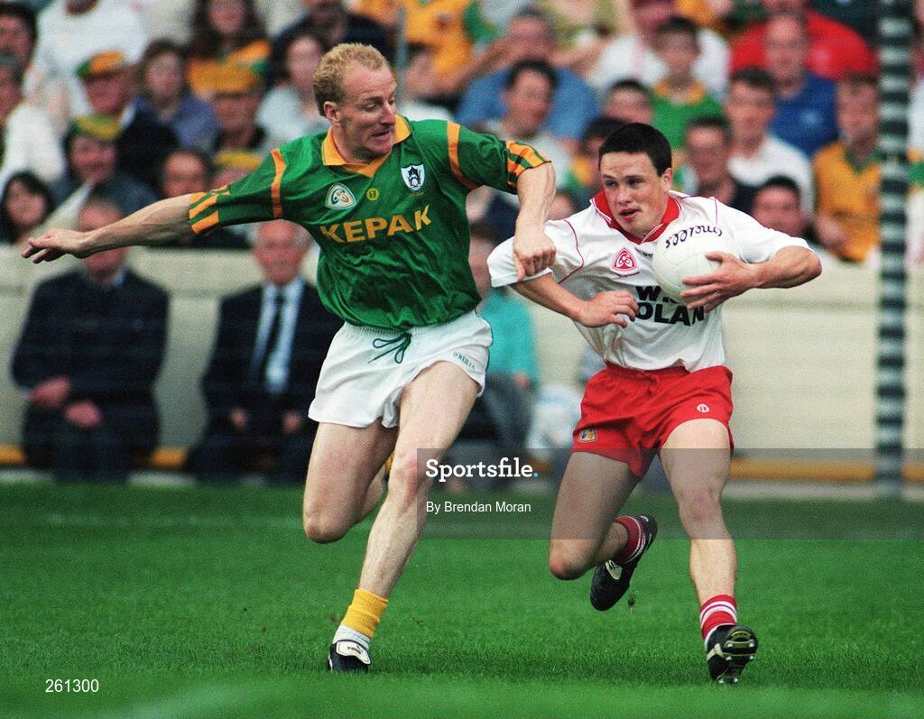 18 August 1996; Brian Gormley, Tyrone, in action against Martin O'Connell, Meath. All-Ireland Football Semi-Final, Meath v Tyrone, Croke Park, Dublin. Picture credit; Brendan Moran / SPORTSFILE