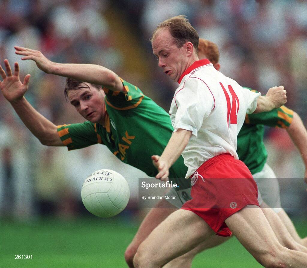 18 August 1996; Peter Canavan, Tyrone, in action against Darren Fay, Meath. All-Ireland Football Semi-Final, Meath v Tyrone, Croke Park, Dublin. Picture credit; Brendan Moran / SPORTSFILE