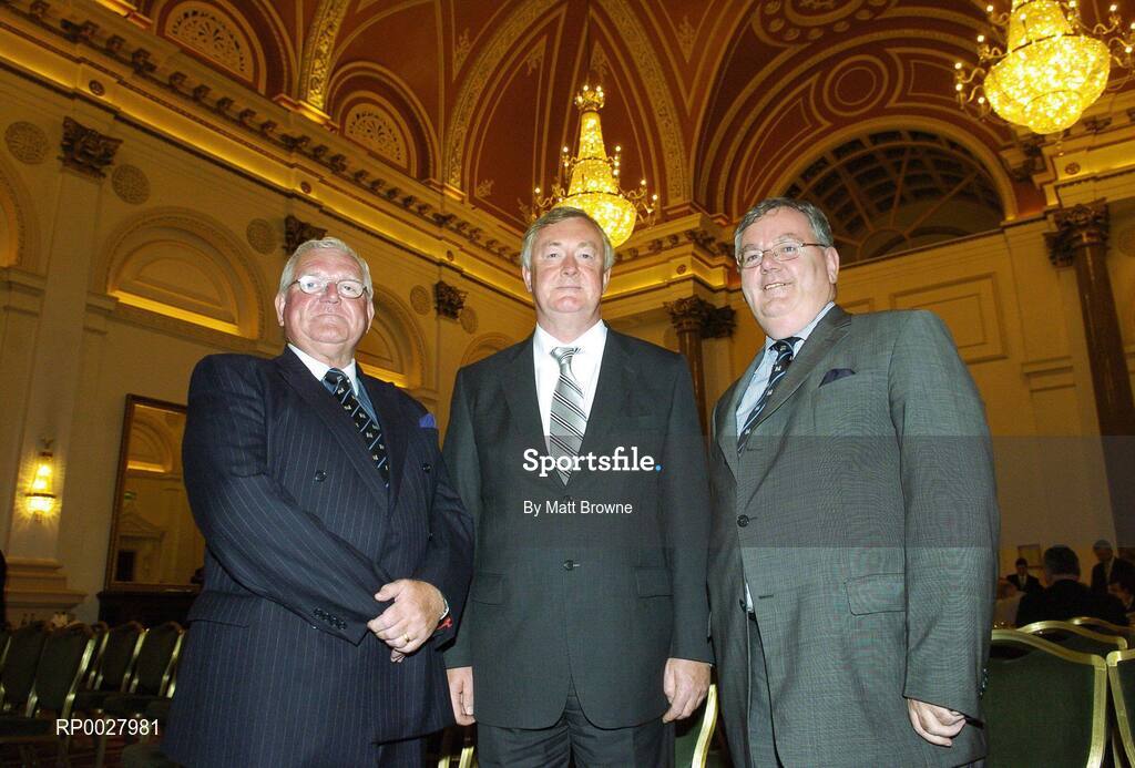 12 July 2006; John O'Donoghue T.D. Minister for Arts, Sport and Tourism, with Wally Morrissey, Chariman Cork Con RFC,left, and Jack O'Sullivan Deputy President Cork Con RFC at the announcement of allocations to the value of Ä21.254 million to 78 National, Regional and Municipal / Multi-purpose sports projects around the country under the Sports Capital Programme. Westin Hotel, Dublin. Picture credit: Matt Browne / SPORTSFILE