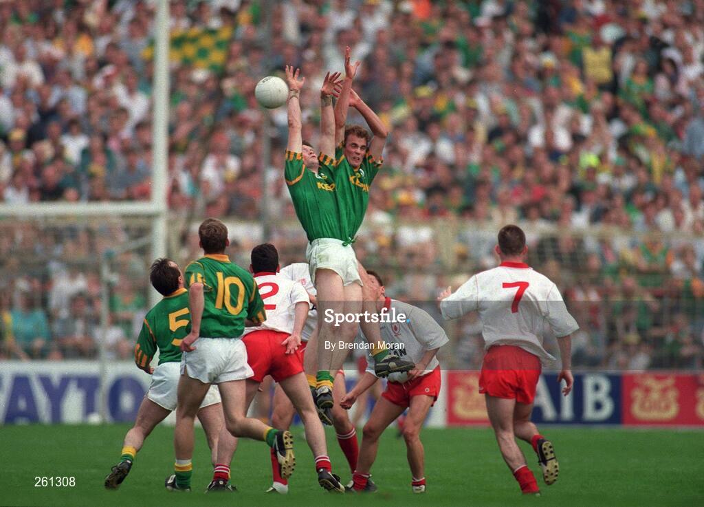 18 August 1996; John McDermott and Jimmy McGuinness, Meath, contest a high ball. All-Ireland Football Semi-Final, Meath v Tyrone, Croke Park, Dublin. Picture credit; Brendan Moran / SPORTSFILE