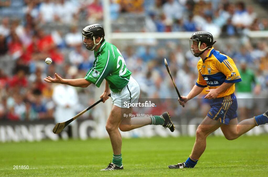 29 July 2007; Mark O'Riordan, Limerick, in action against Jonathan Clancy, Clare. Guinness All-Ireland Senior Hurling Championship Quarter-Final, Clare v Limerick, Croke Park, Dublin. Picture credit; Ray McManus / SPORTSFILE