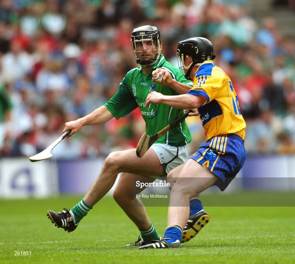29 July 2007; Mark O'Riordan, Limerick, in action against Jonathan Clancy, Clare. Guinness All-Ireland Senior Hurling Championship Quarter-Final, Clare v Limerick, Croke Park, Dublin. Picture credit; Ray McManus / SPORTSFILE