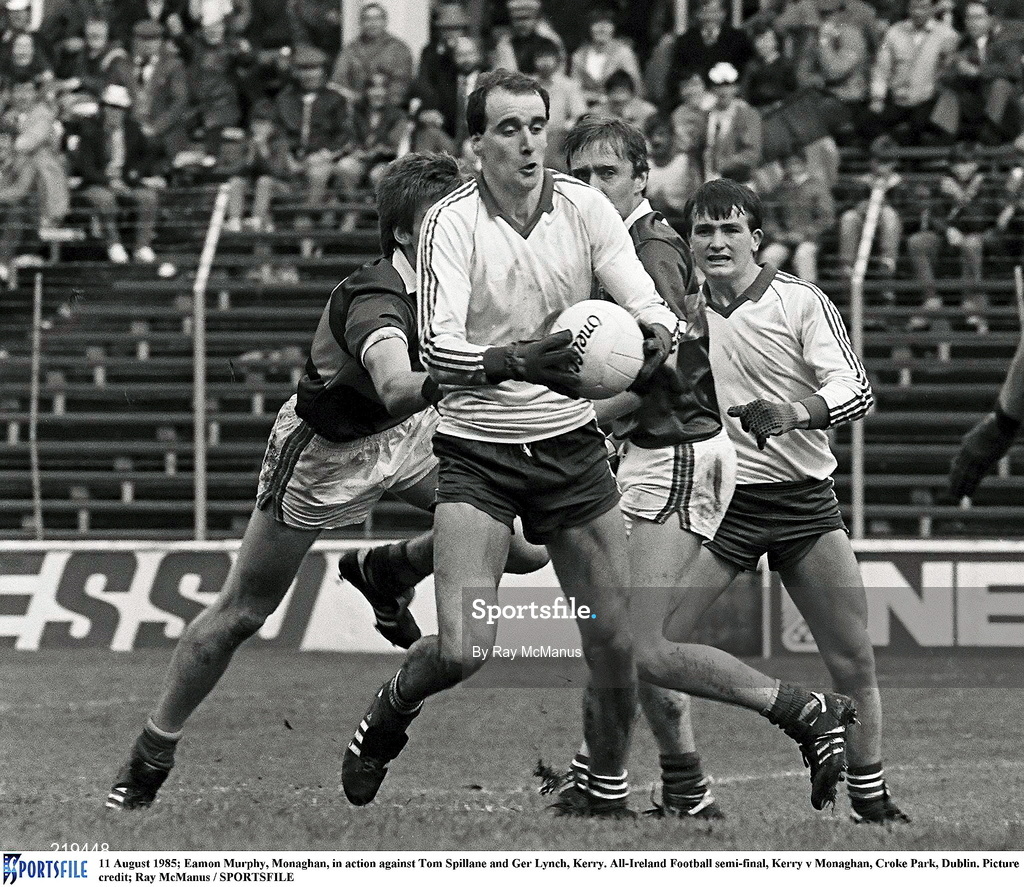 11 August 1985; Eamon Murphy of Monaghan in action against Tom Spillane and Ger Lynch of Kerry during the All-Ireland Football semi-final match between Kerry and Monaghan at Croke Park, Dublin. Photo by Ray McManus/Sportsfile