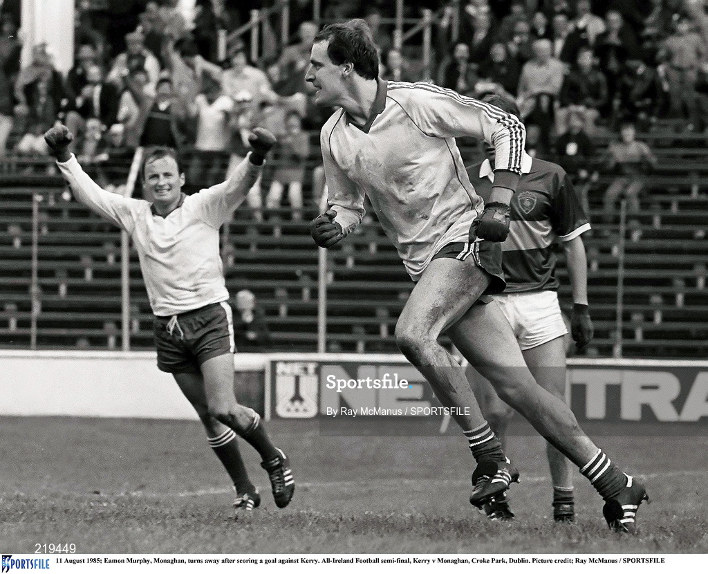 11 August 1985; Eamon Murphy of Monaghan turns away after scoring a goal against Kerry during the All-Ireland Football semi-final match between Kerry and Monaghan at Croke Park, Dublin. Photo by Ray McManus/Sportsfile