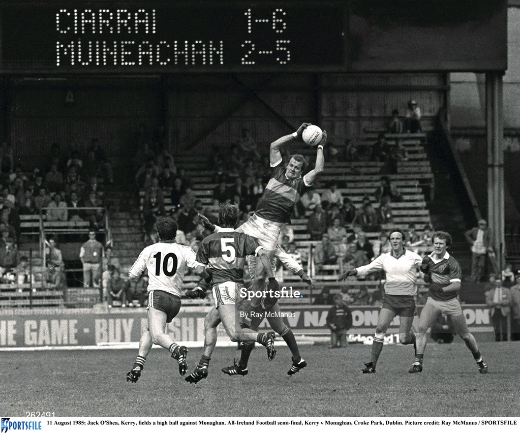 11 August 1985; Jack O'Shea of Kerry fields a high ball against Monaghan during the All-Ireland Football semi-final between Kerry and Monaghan at Croke Park, Dublin. Photo by Ray McManus/Sportsfile