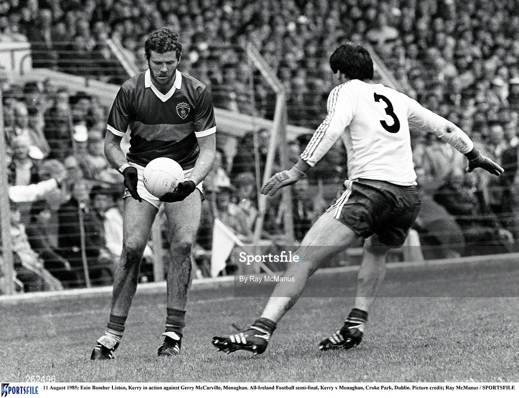 11 August 1985; Eoin Bomber Liston of Kerry in action against Gerry McCarville of Monaghan during the All-Ireland Football semi-final match between Kerry and Monaghan at Croke Park, Dublin. Photo by Ray McManus/Sportsfile