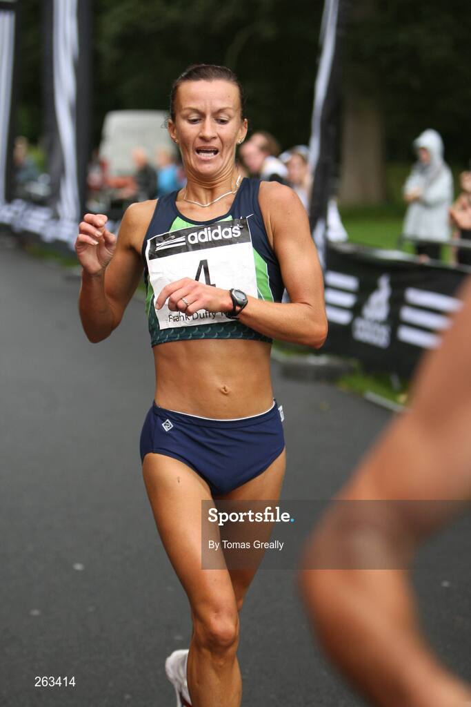 18 August 2007; Pauline Curley, Tullamore Harriers, crosses the line to win the adidas Frank Duffy 10 mile race. Pheonix Park, Dublin. Picture credit; Tomas Greally / SPORTSFILE