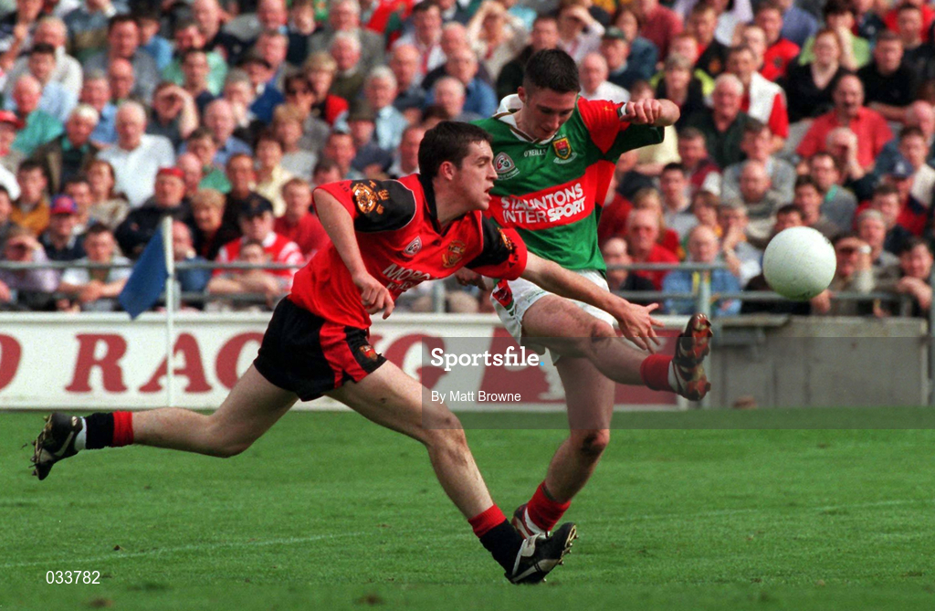 26 September 1999; Alan Dillon of Mayo in action against Brendan Grant of Down during the All-Ireland Minor Football Championship Finall match between Down and Mayo at Croke Park in Dublin. Photo by Matt Browne/Sportsfile