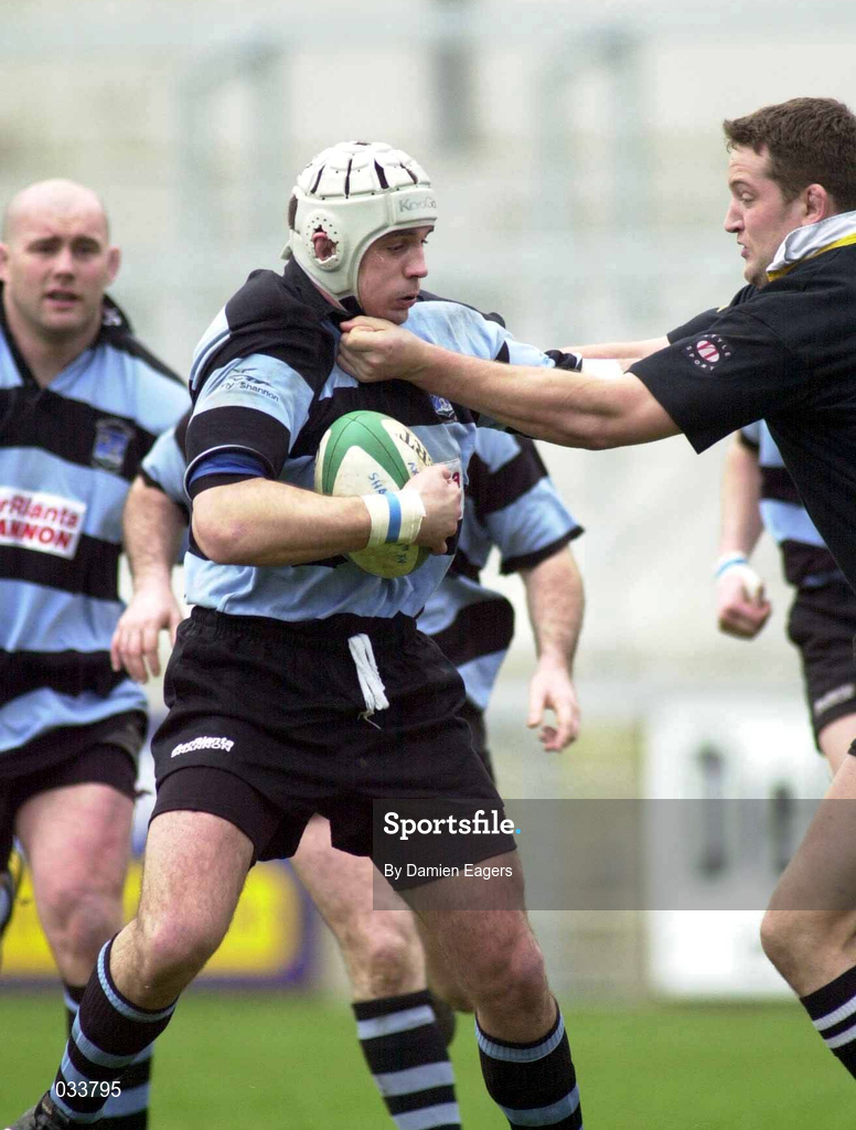 26 February 2000; Alan Quinlan of Shannon is tackled by Mark Blair of Ballymena during the AIB Rugby League Division 1 match between Shannon and Ballymena at Thomond Park in Limerick. Photo by Damien Eagers/Sportsfile