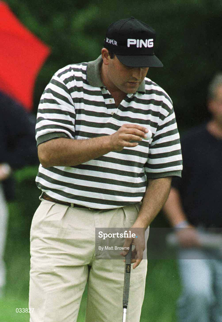 3 July 1999; Angel Cabrera checks his ball for mud on the 2nd green green during day three of the Murphy's Irish Open at Druids Glen in Wicklow. Photo by Matt Browne/Sportsfile