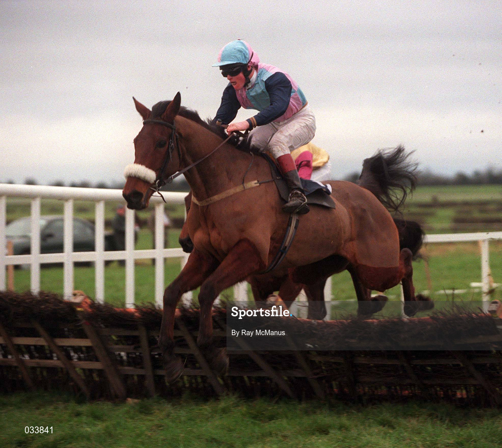 16 January 2000; Banreme, with Joey Elliott up, jumps the last ahead of Belle Star (SP Kelly) on his way to winning the Teal Handicap Hurdle at Fairyhouse Racecourse in Meath. Photo by Ray McManus/Sportsfile