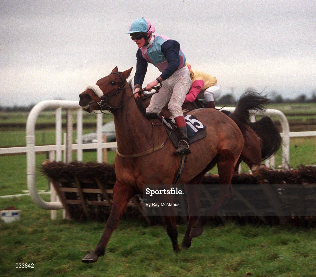 16 January 2000; Banreme, with Joey Elliott up, lands ahead of Belle Star (SP Kelly) on his way to winning the Teal Handicap Hurdle at Fairyhouse Racecourse in Meath. Photo by Ray McManus/Sportsfile