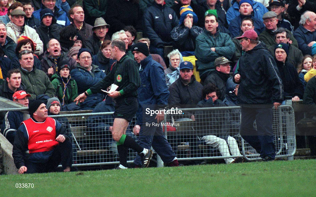 6 February 2000; Westmeath Manager Brendan Lowry is ordered to the dugout by referee Gay McCabe during the O'Byrne Cup Final between Westmeath and Longford at Cusack Park in Mullingar, Westmeath. Photo by Ray McManus/Sportsfile