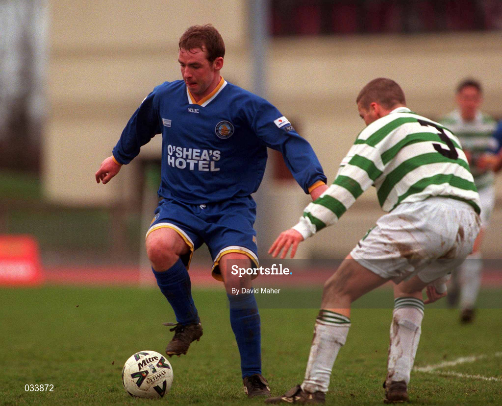 27 February 2000; Brendan Markey of Waterford United in action against Thomas Dunne of Shamrock Rovers during the Eircom League Premier Division match between Shamrock Rovers and Waterford United at Morton Stadium in Dublin. Photo by David Maher/Sportsfile