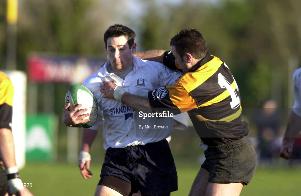 4 December 1999; Brian O'Meara of Cork Constitution is tackled by Mike Devine of Buccaneers during the AIB Rugby League Division 1 match between Buccaneers and Cork Constitution at Buccaneers RFC in Athlone, Westmeath. Photo by Matt Browne/Sportsfile