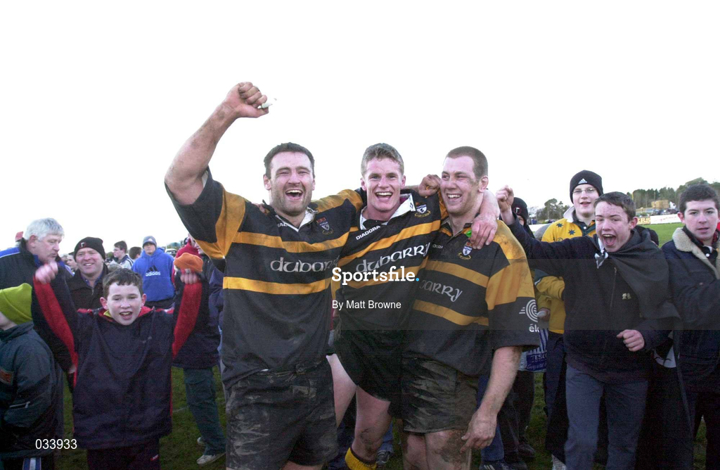 4 December 1999; Buccaneers players from left, Gavin Webster, Eamonn Molloy and Colm Rigney celebrate after the AIB Rugby League Division 1 match between Buccaneers and Cork Constitution at Buccaneers RFC in Athlone, Westmeath. Photo by Matt Browne/Sportsfile