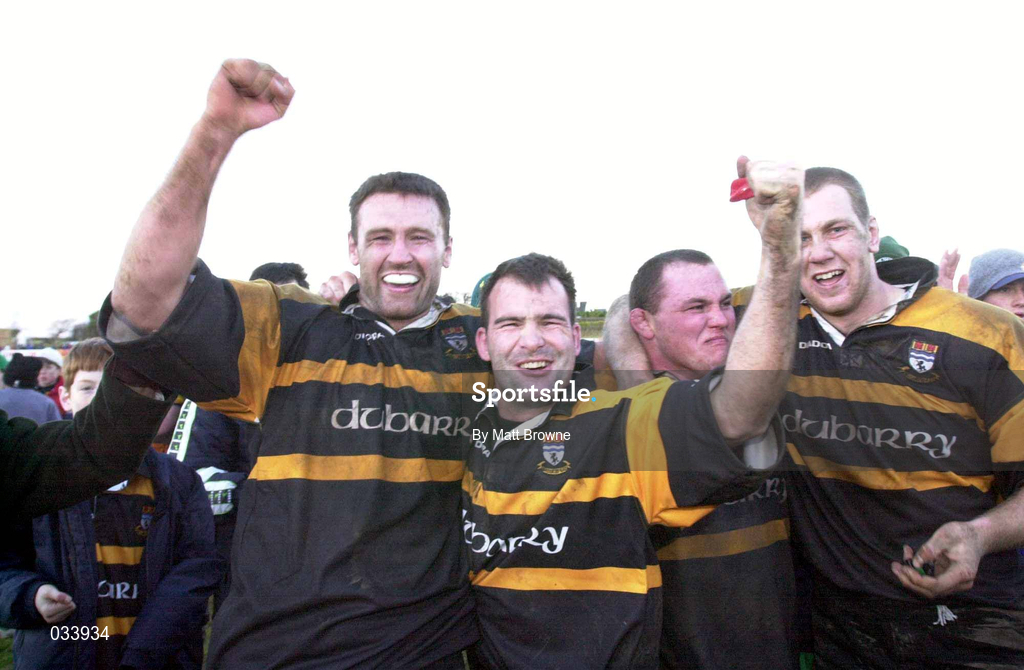 4 December 1999; Buccaneers players, from left, Gavin Webster, Steve McIvor, Martin Cahill and Colm Rigney celebrate after the AIB Rugby League Division 1 match between Buccaneers and Cork Constitution at Buccaneers RFC in Athlone, Westmeath. Photo by Matt Browne/Sportsfile