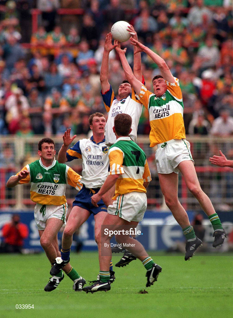 15 June 1997; Ciarán McManus of Offaly jumps for a high ball with Raymond Danne of Wicklow during the Bank of Ireland Leinster Senior Football Championship Quarter-Final match between Wicklow and Offaly at Croke Park in Dublin. Photo by David Maher/Sportsfile