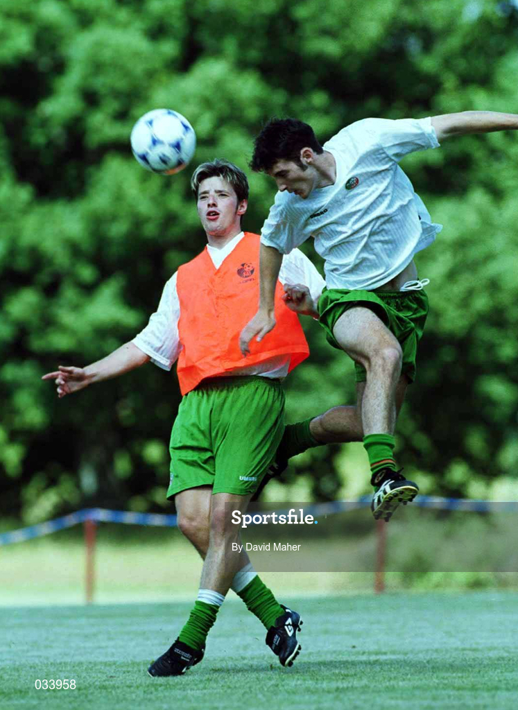 17 July 1999;  Clive Clarke, right, in action with Trevor Fitzpatrick during a Republic of Ireland training session at Karlbergsplan in Linkoping, Sweden. Photo by David Maher/Sportsfile